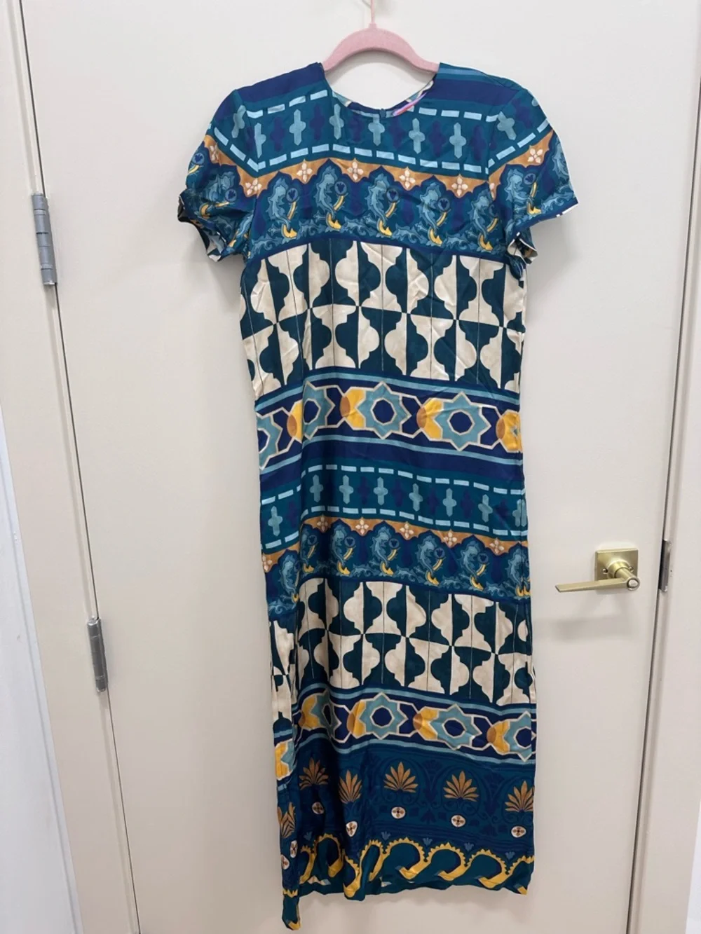 La DoubleJ Geometric Print Silk Swing Dress Small Green - Picture 8 of 11